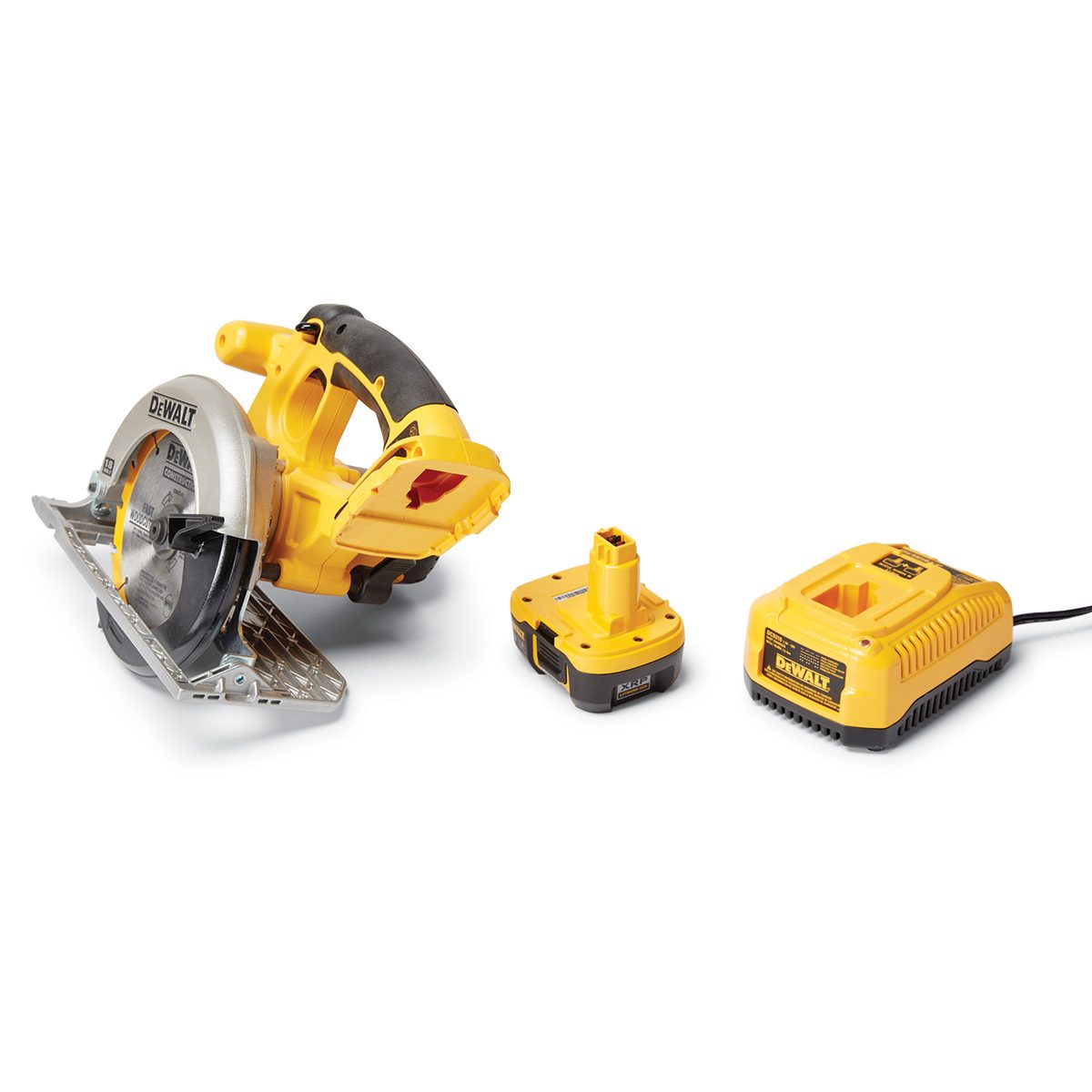 A circular saw sits alongside a battery and charger. The saw is designed for cutting wood and has a prominent yellow and black color scheme.