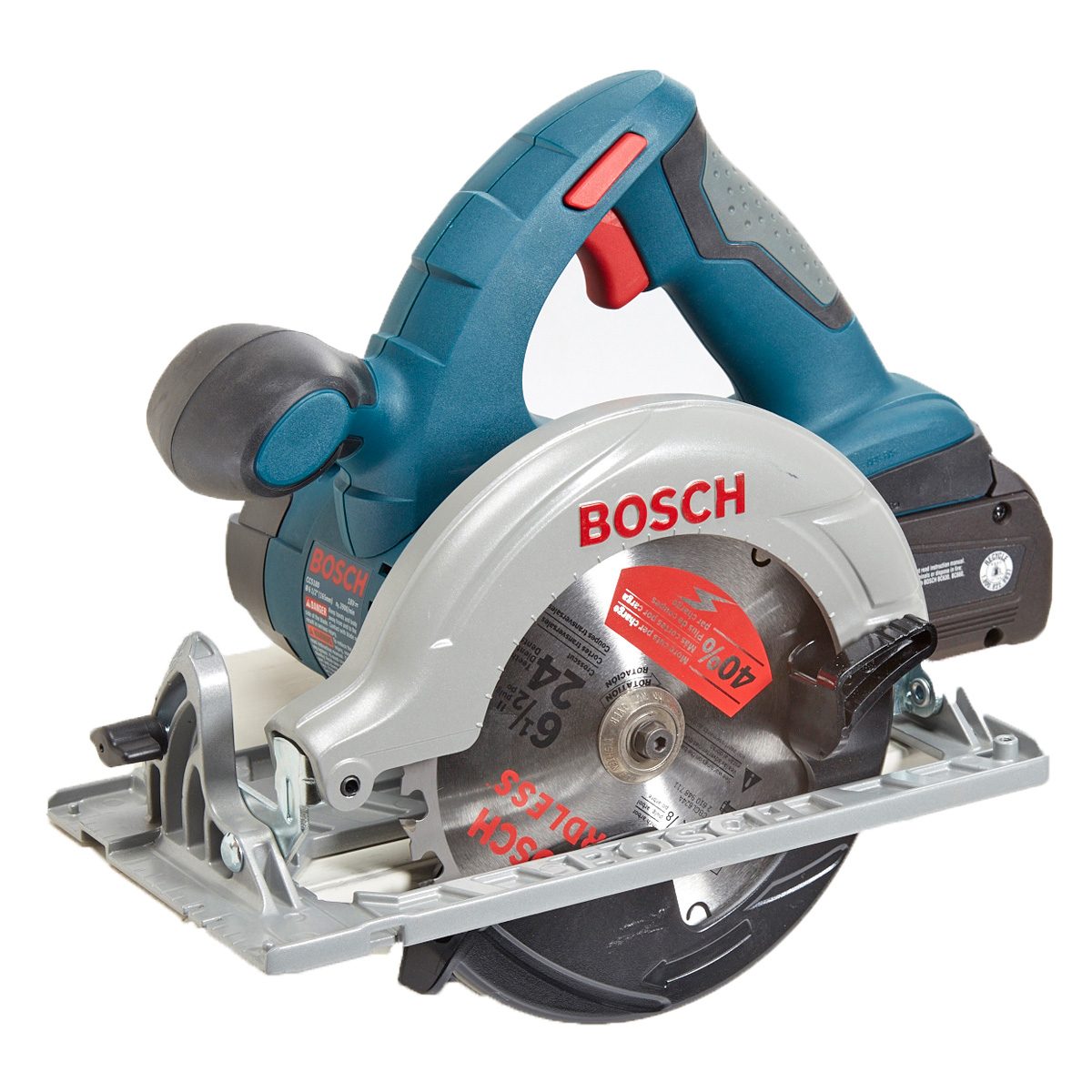 A circular saw rests on a flat surface, featuring a metal blade and a blue handle, designed for cutting wood in construction or DIY projects.
