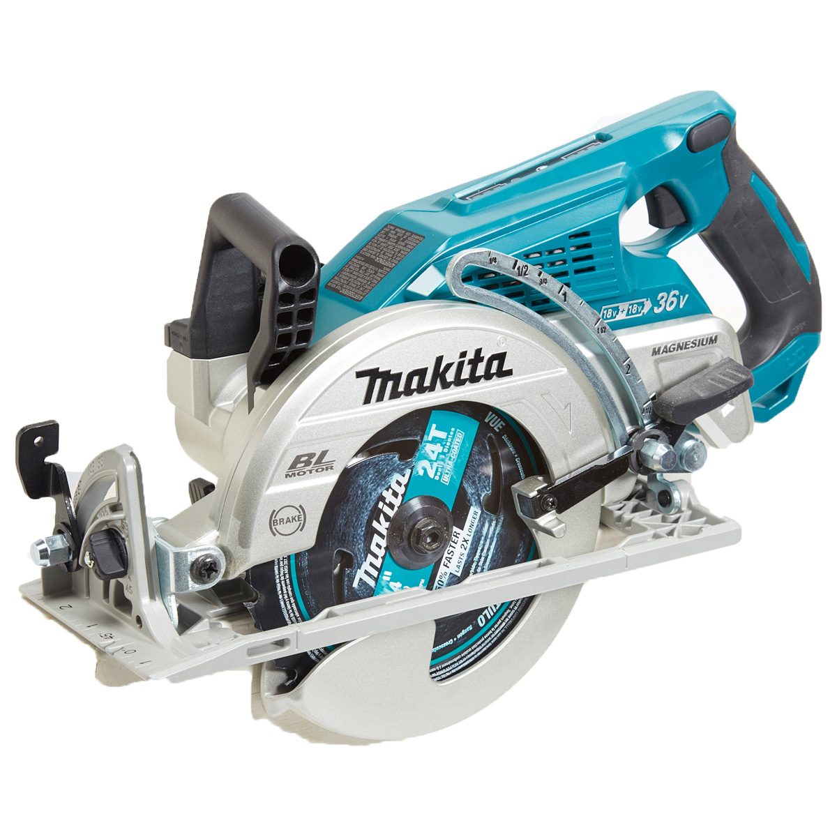 A circular saw is positioned, showcasing its blade and motor. It is designed for cutting materials precisely, typically used in construction or woodworking.