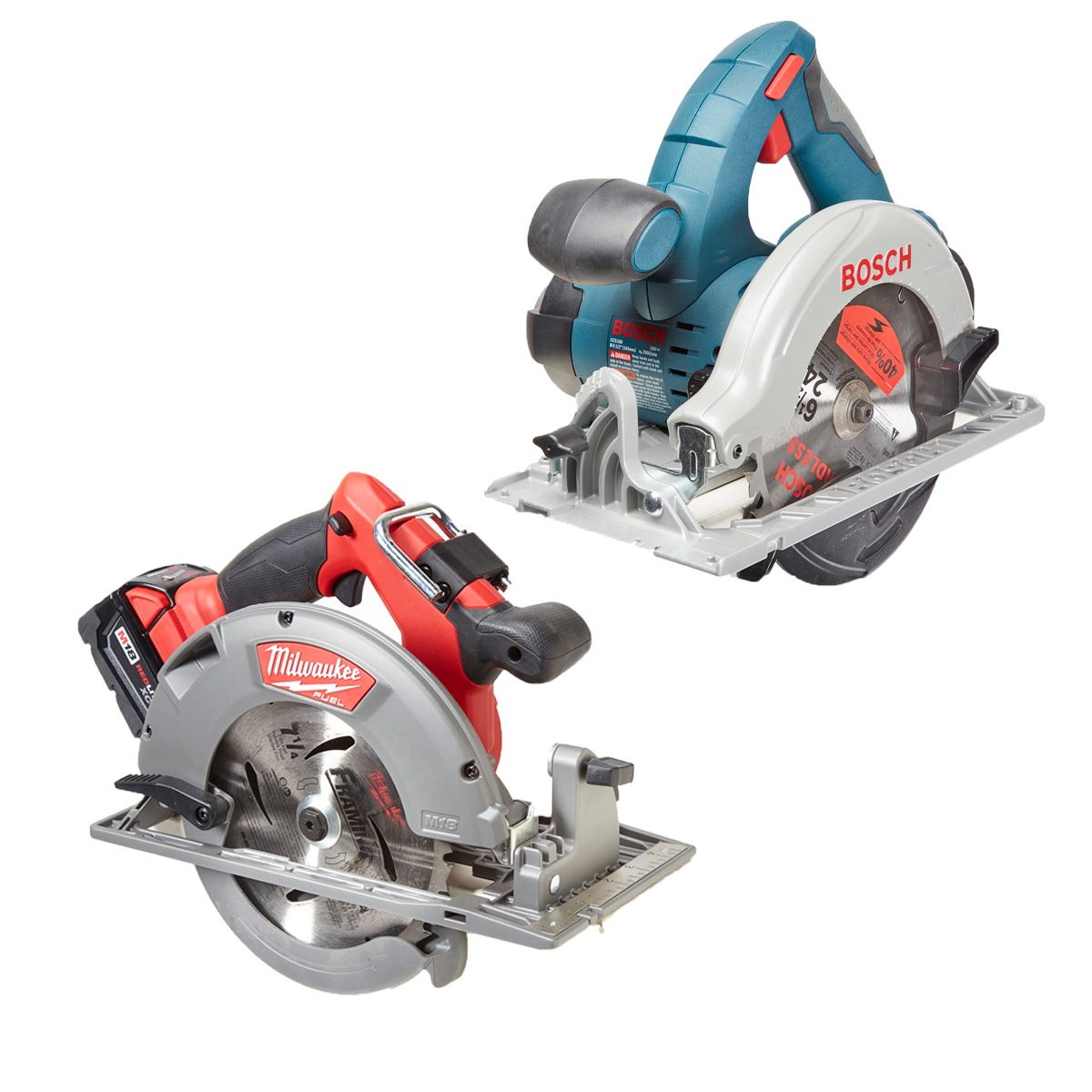 Two circular saws are positioned side by side, one red and gray, the other blue and white, designed for cutting materials in a workshop environment.