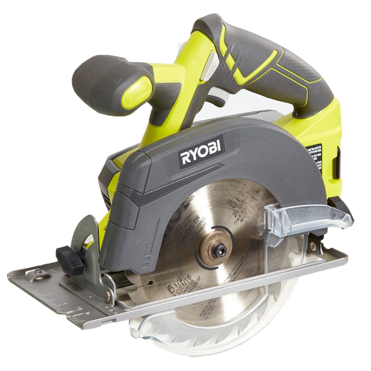 A circular saw rests on a flat surface, ready for use. Its blade is exposed and designed for cutting wood and other materials efficiently.