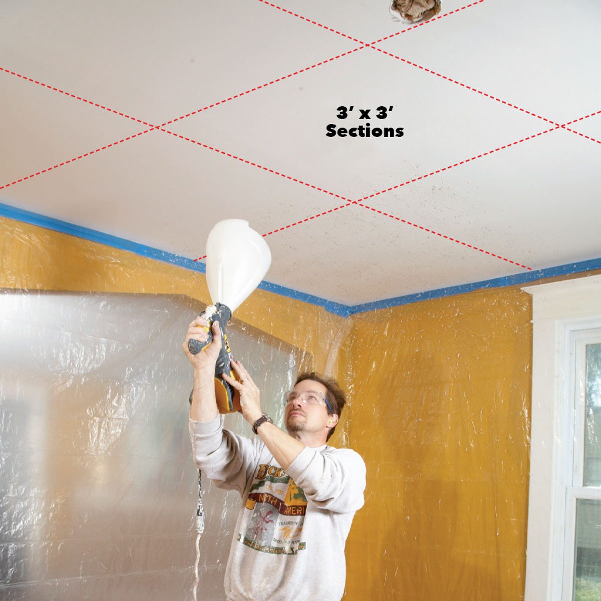 A man sprays texture onto a ceiling, focusing on 3'x3' sections, in a room with plastic-covered walls and a yellow painted section.