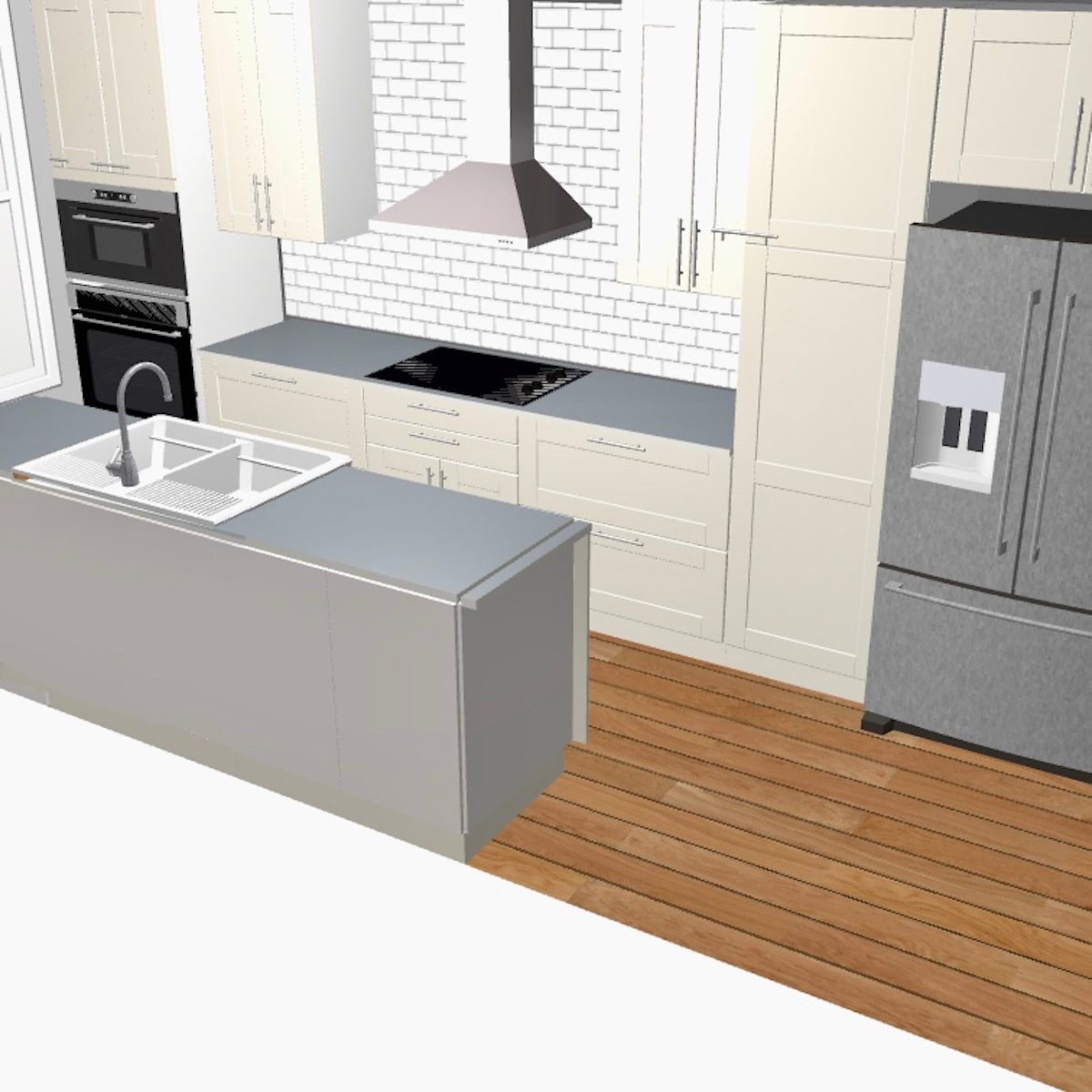 A modern kitchen features an island with a sink, appliances integrated into cabinetry, a stainless steel hood above, and wooden flooring, creating a contemporary atmosphere.