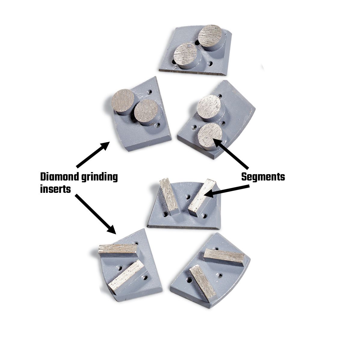 Grinding tool attachments are displayed, showing diamond inserts and segments, with arrows indicating their functions in a clear, isolated layout.