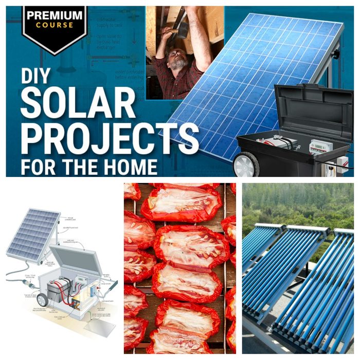 Solar panels and projects are showcased, emphasizing DIY installations in home energy solutions, alongside illustrations of related equipment and dried produce.