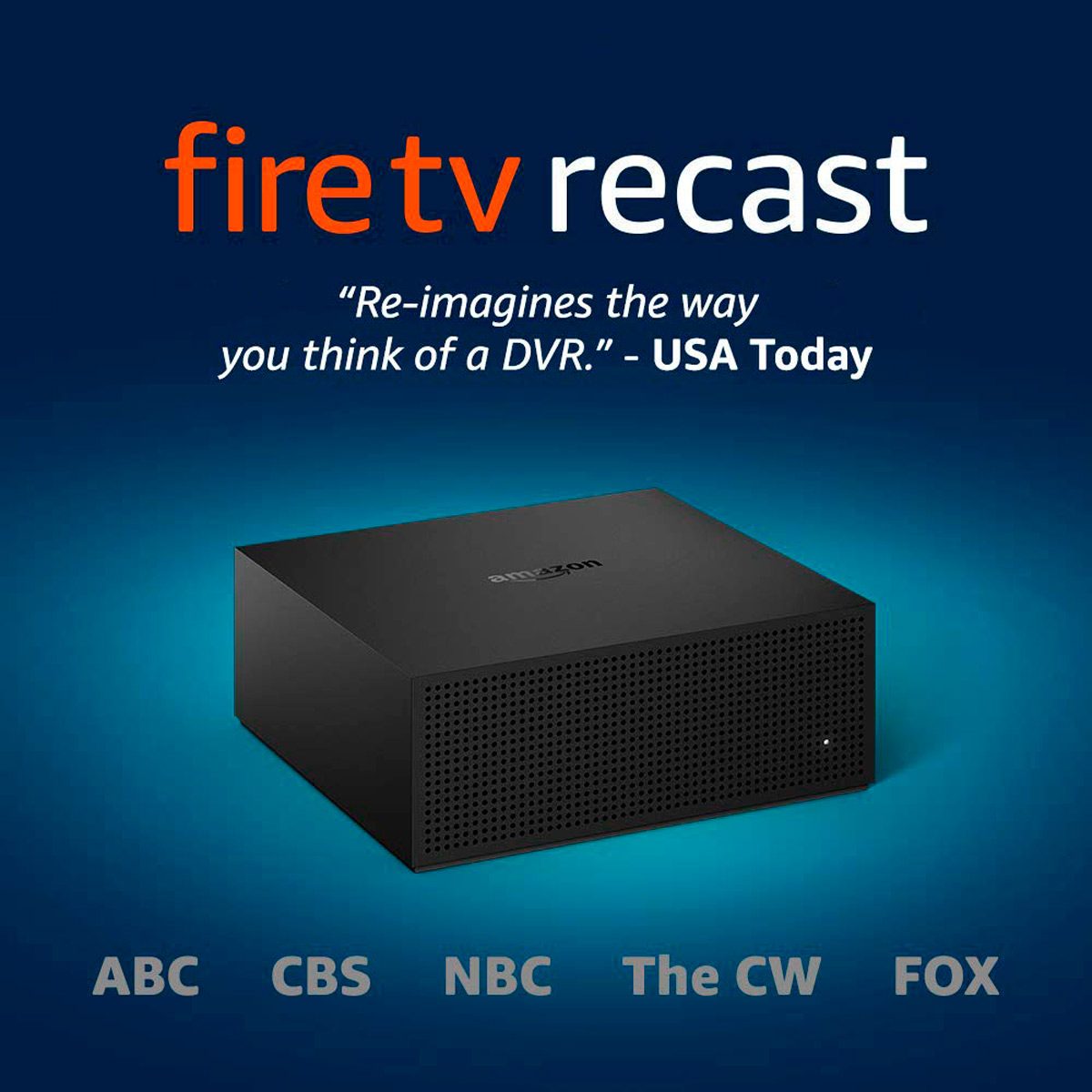 A black rectangular device sits on a gradient blue background, featuring a textured side and the "amazon" logo, with channel logos displayed below.