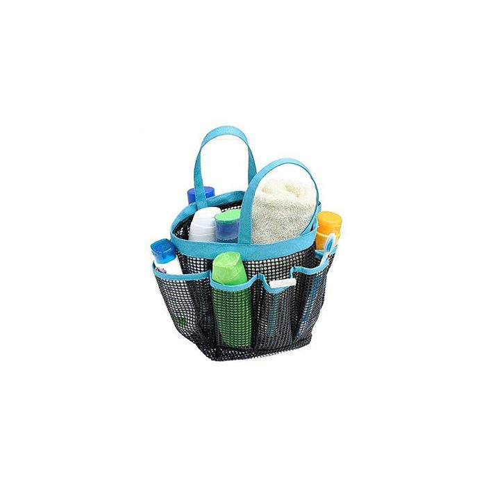 A round mesh bag with blue handles holds various personal care items and a towel, organized for easy access in a toiletry context.