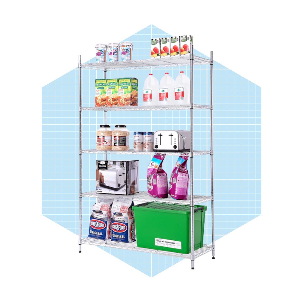 A metal shelf displays various food items and kitchen appliances, set against a light blue geometric background.