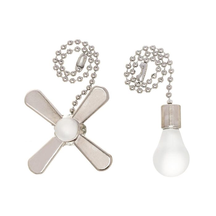 A silver ceiling fan pull chain with a decorative fan shape hangs next to a lightbulb-shaped pull, both connected by bead chains.