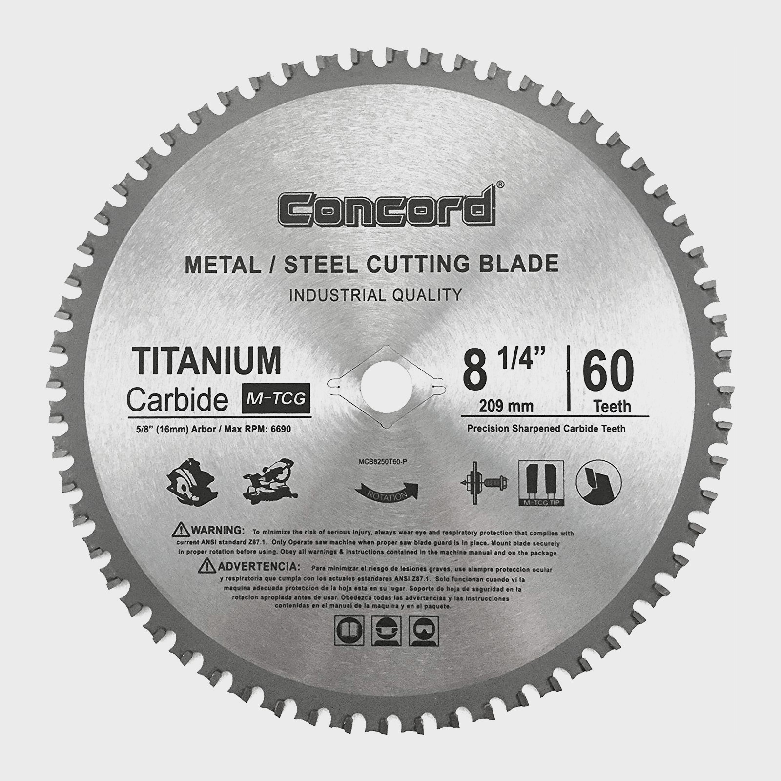 A circular metal cutting blade rotates, designed for industrial use, with labeled specifications including size, teeth count, and safety warnings.