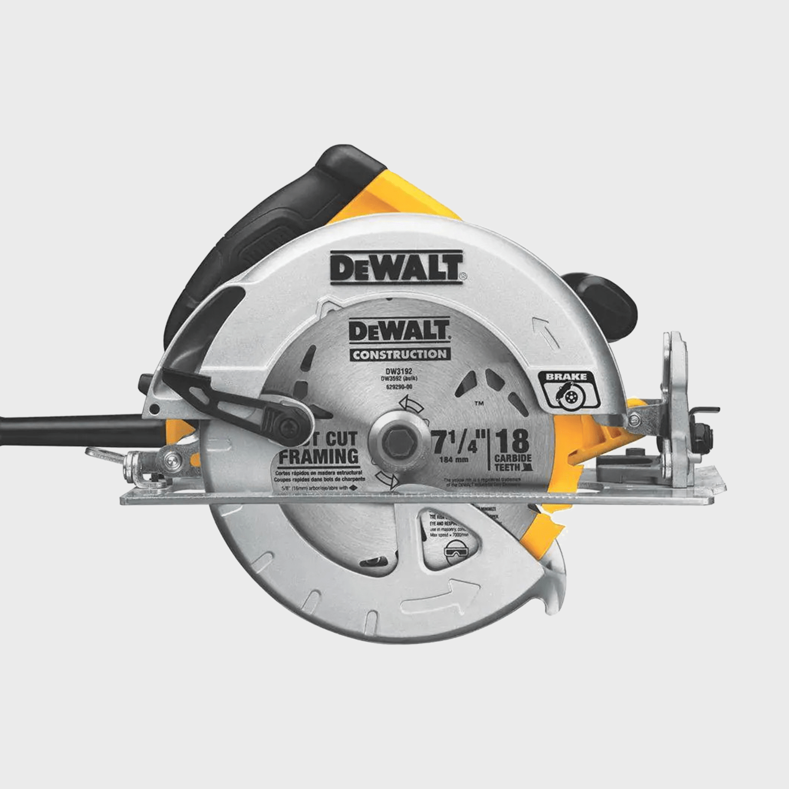 A circular saw with a silver circular blade cuts through materials, featuring a yellow handle and labeled parts, set against a neutral gray background.