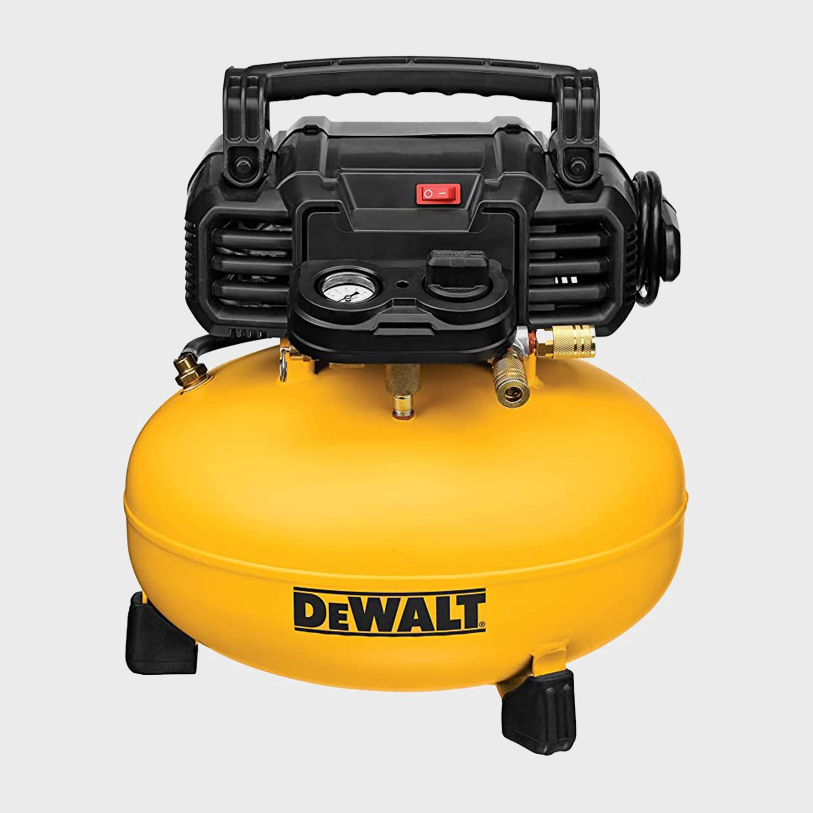 A yellow air compressor with a black top features a gauge and controls. It sits on two sturdy legs, designed for portable use in various environments.