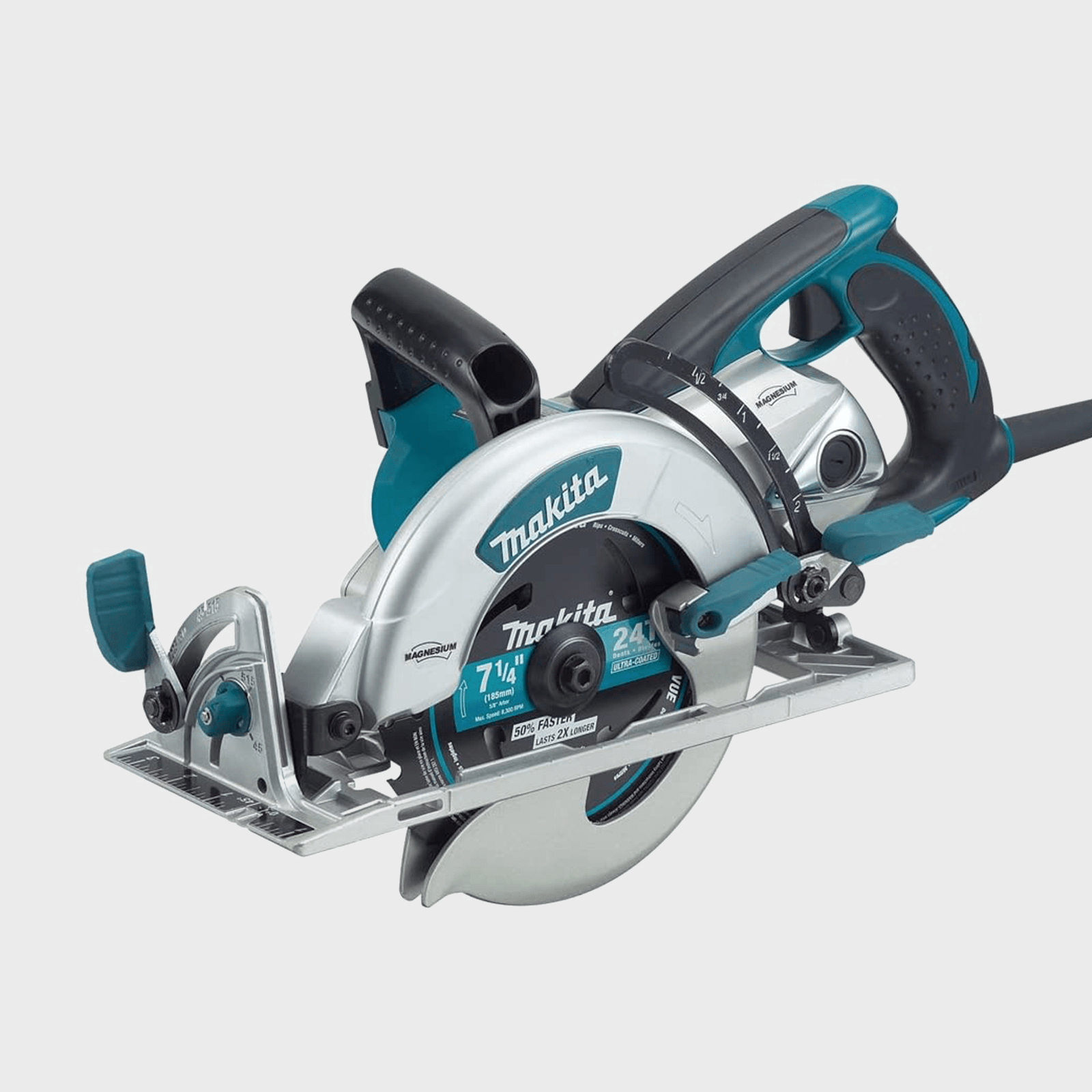 A circular saw is positioned upright, ready for use, featuring a silver body and teal accents. It is designed for cutting wood efficiently in construction.