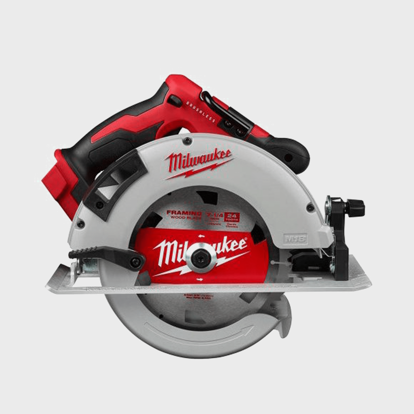 A circular saw with a red and gray color scheme sits on a neutral background, designed for cutting wood with an attached blade.