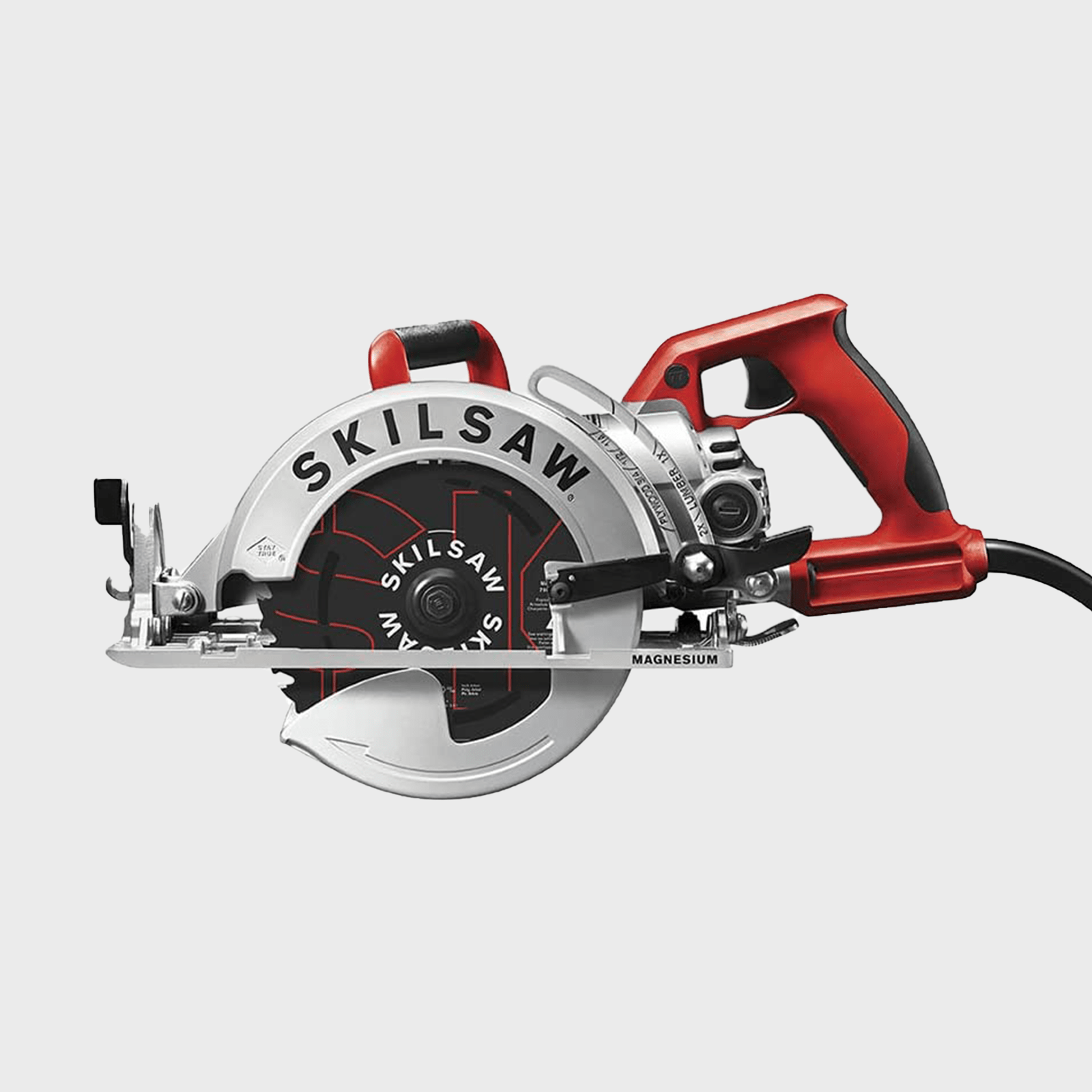 A circular saw with a red handle and a silver blade is positioned, ready for cutting. The tool features brand labels and is plugged in for use.