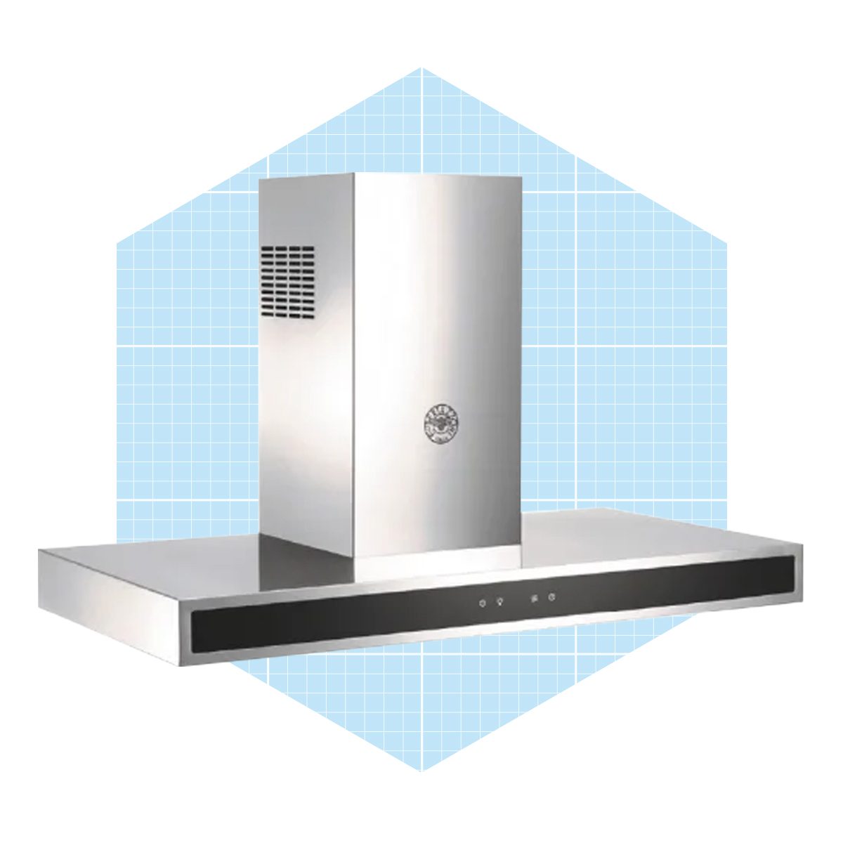 A stainless steel kitchen hood hangs above a flat surface, designed to ventilate air while cooking, set against a light blue geometric background.