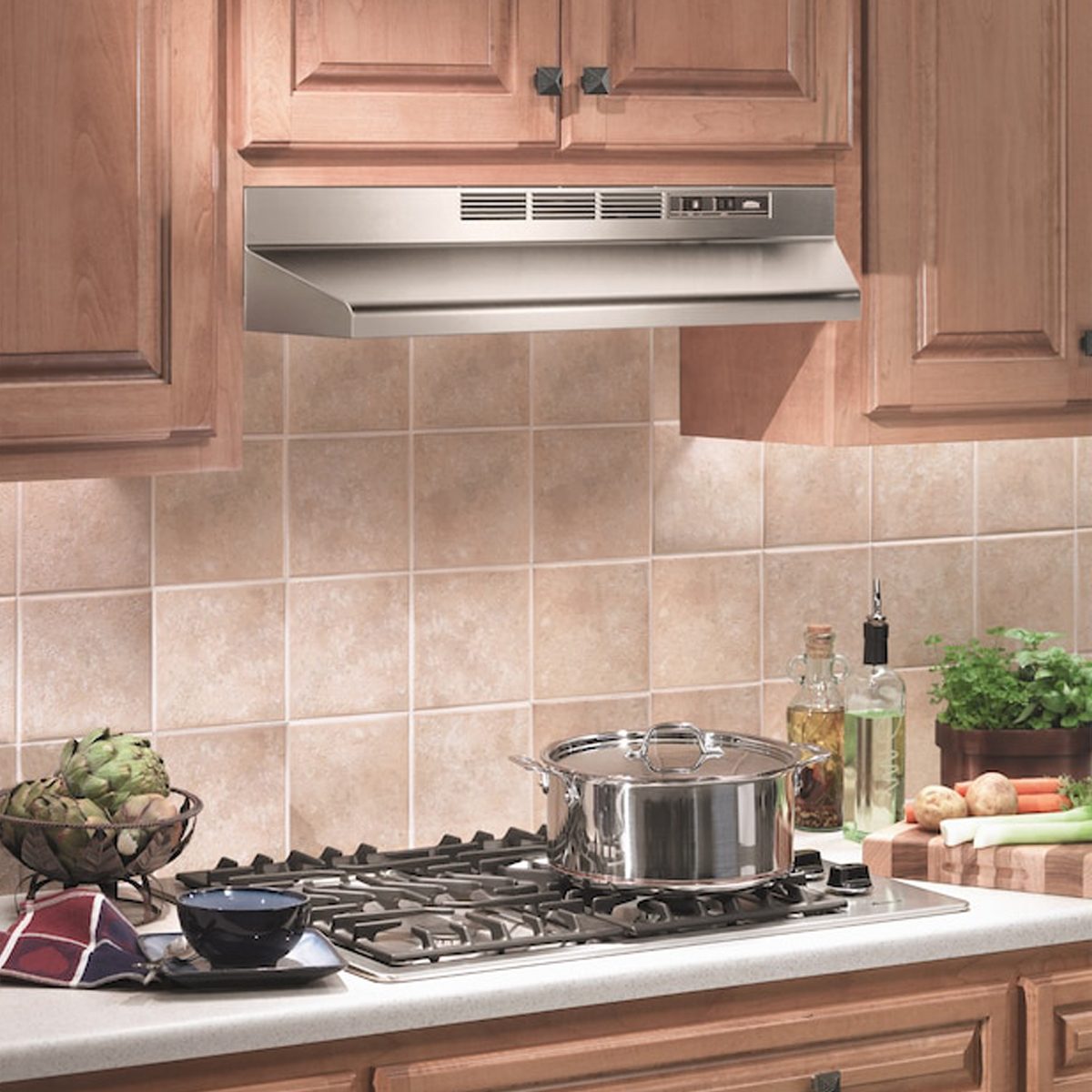 A stainless steel range hood is mounted above a gas stove, where a pot simmers. Nearby, vibrant vegetables and herbs are neatly arranged on a countertop.