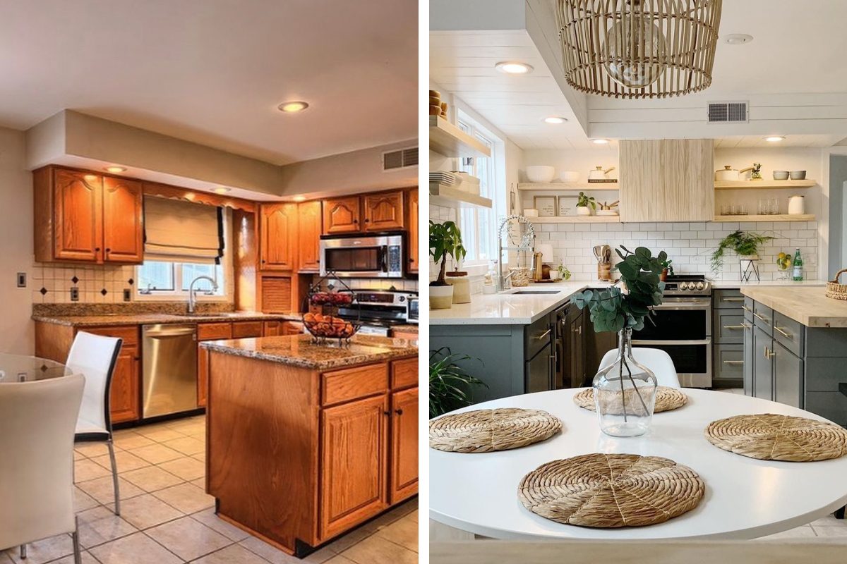 Two kitchens are shown: one with wooden cabinets, granite counters, and a dining area; the other features modern cabinetry, white tiles, and decorative plants.
