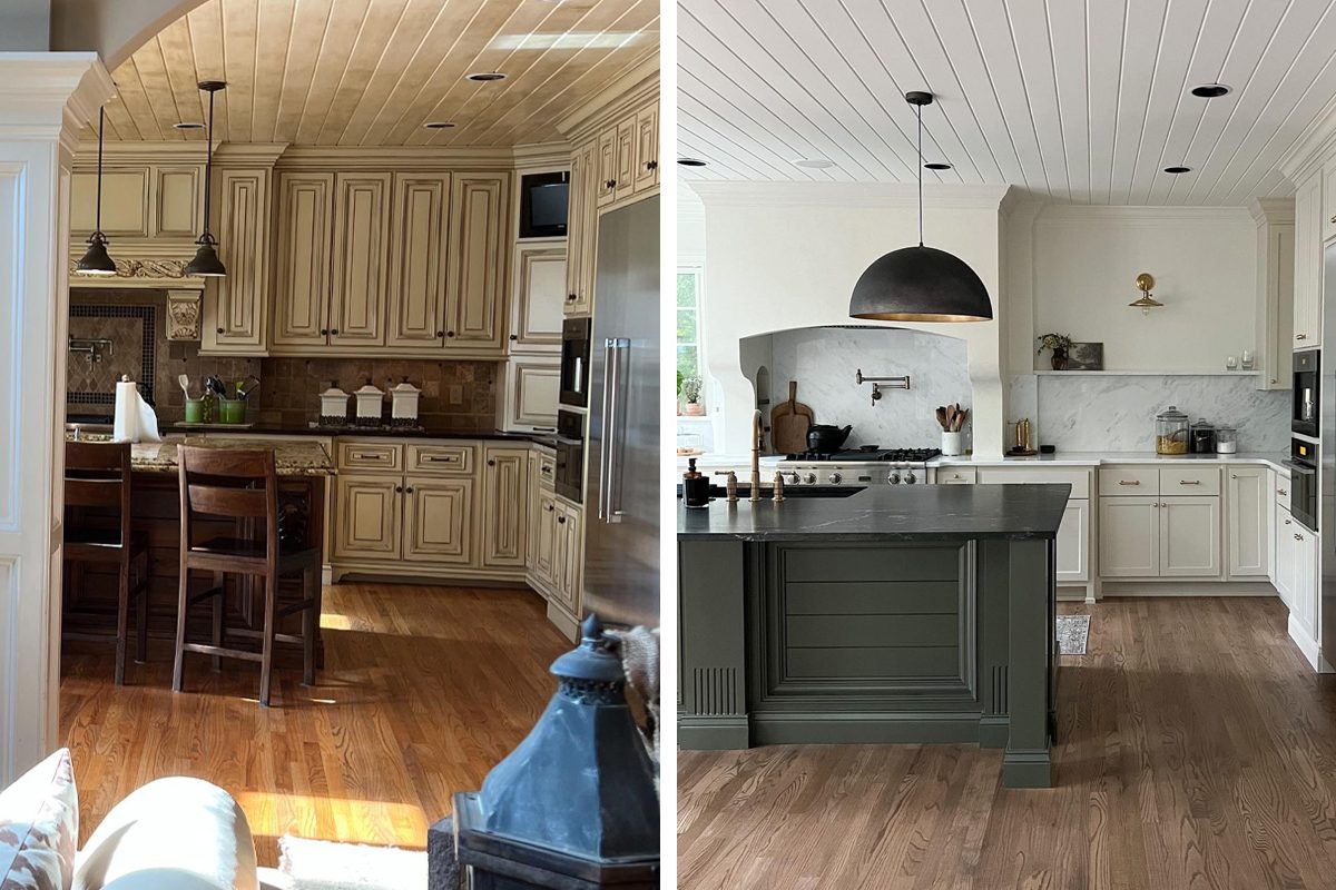 Two modern kitchens are shown side by side; one features traditional cabinetry and warm tones, while the other has sleek, minimalist design and contrasting colors.