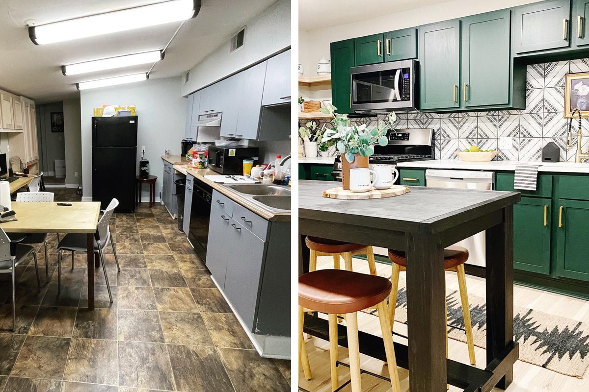 Two kitchen spaces feature modern appliances; one is light-colored, cluttered, and simple, while the other is dark green, styled, and organized, with decorative elements.