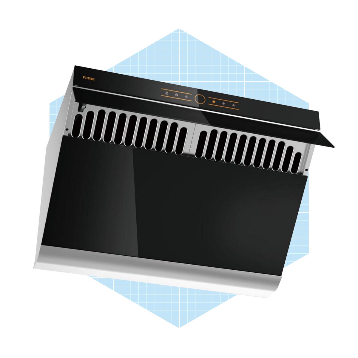 A modern kitchen hood hangs against a light blue geometric background, featuring a sleek black surface with ventilation slits and illuminated control buttons.
