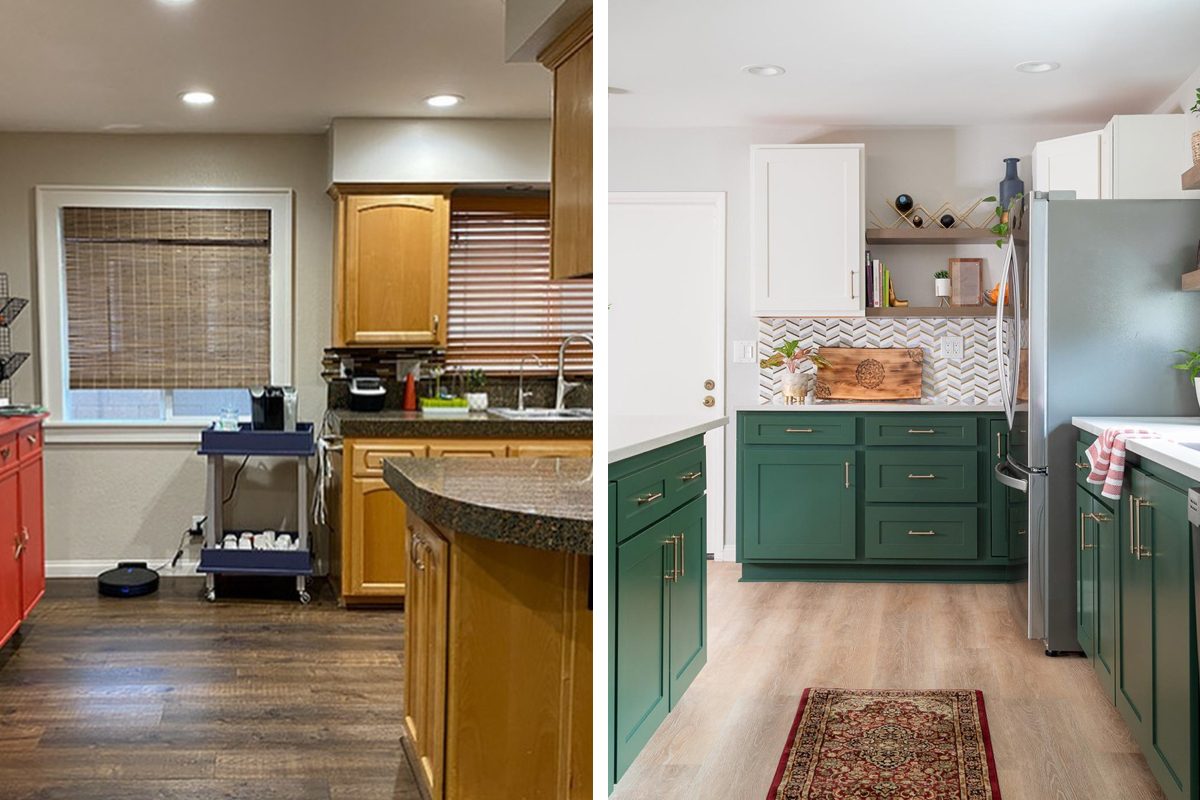 Two kitchens side by side, one with warm wooden tones and a rolling cart, the other featuring sleek green cabinetry and modern decor elements.