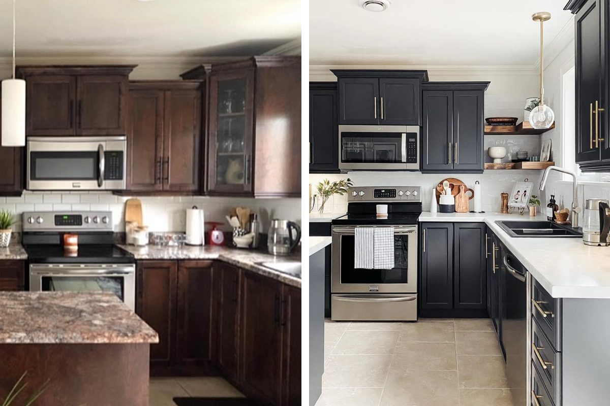 Two kitchen images show contrasting designs: one with dark wood cabinets and one with black cabinets, featuring modern appliances and organized countertops.