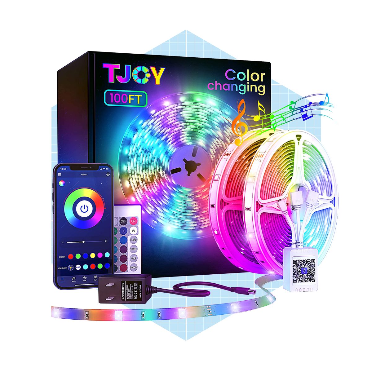 A colorful LED light strip is displayed along with a remote and smartphone app, suggesting functionality like color changing and music synchronization.