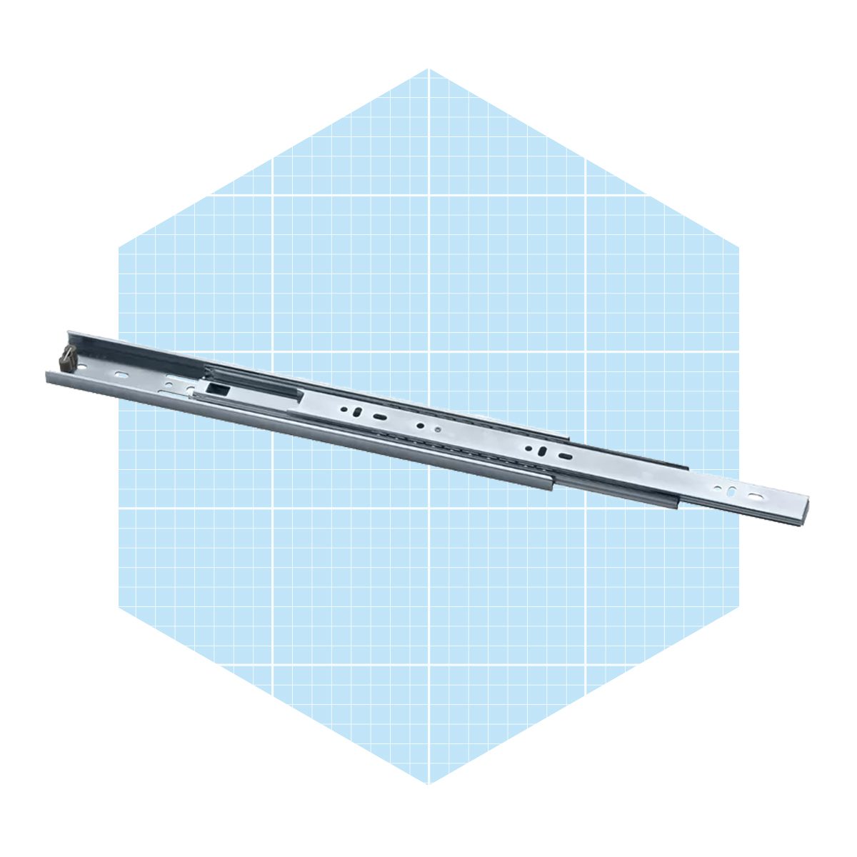 A metallic drawer slide rests on a light blue grid background, designed for smooth drawer movement in furniture.