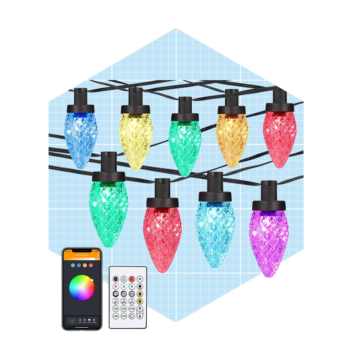 Colored decorative lights hang on a black wire against a light blue background, accompanied by a smartphone and remote control for color selection.