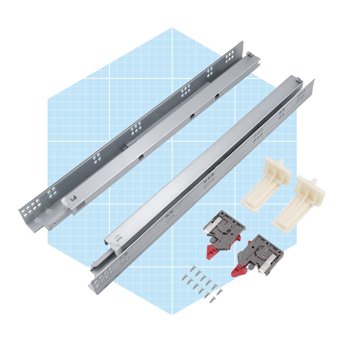 Metal drawer slide components are laid out, showcasing rails, brackets, and screws against a light blue grid background, indicating organization for assembly or installation.