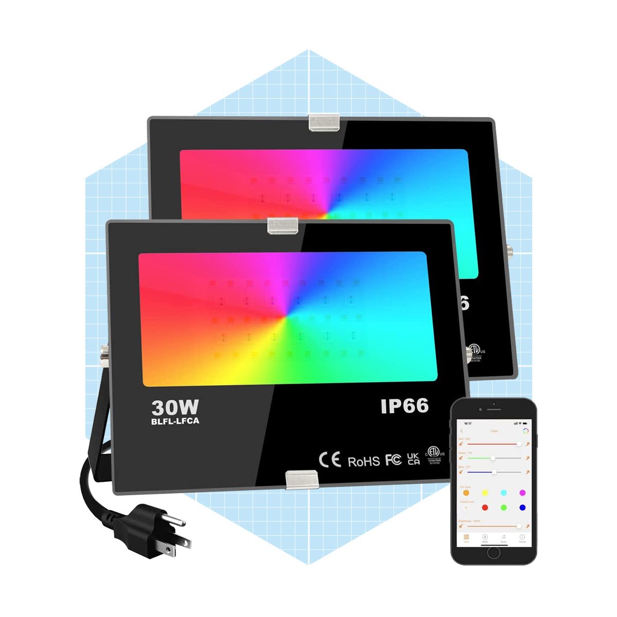Two color-changing LED floodlights are displayed, showcasing a bright rainbow gradient. A smartphone with a control app is shown beside them.
