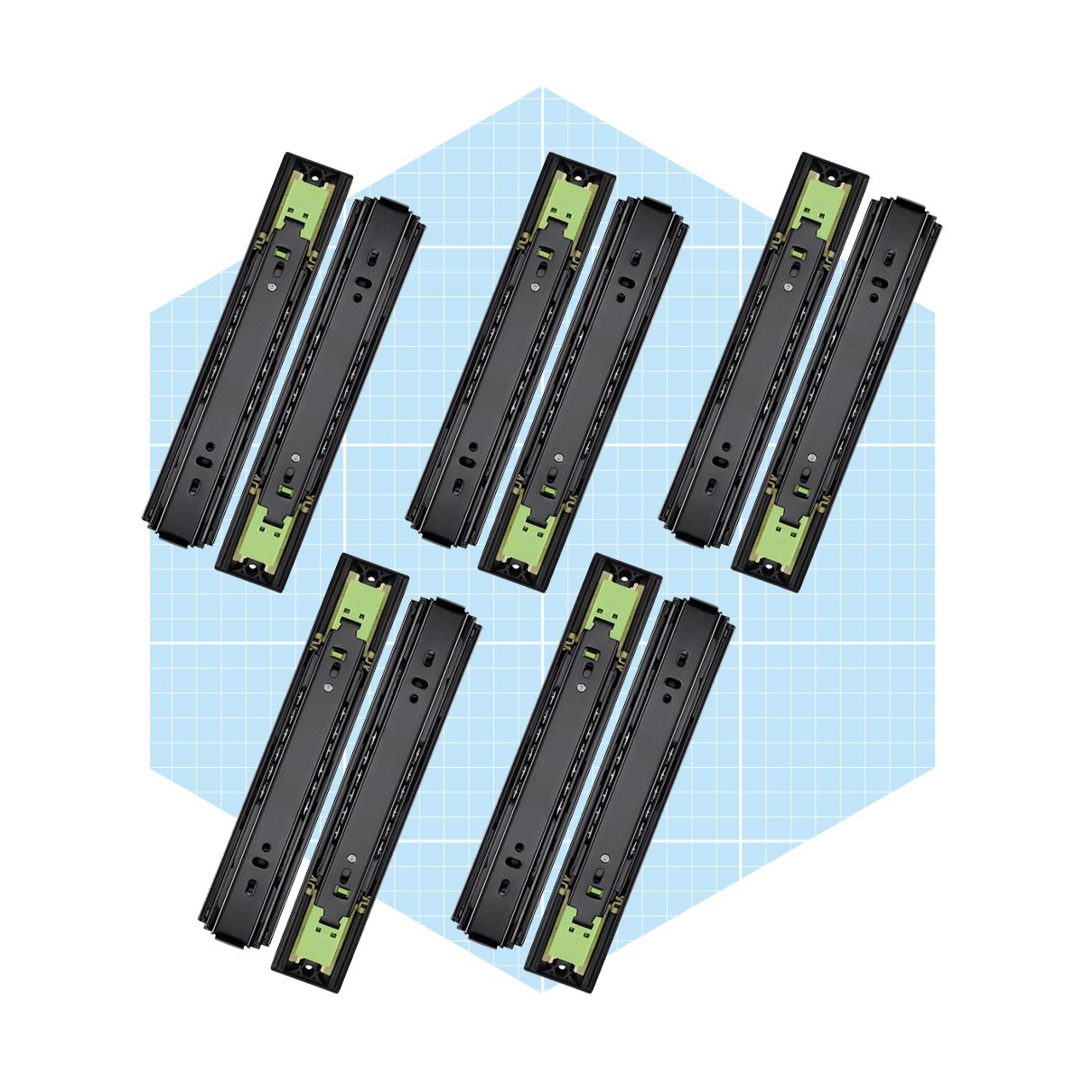 Six black electronic components with green accents are arranged in a hexagonal pattern on a light blue grid background.