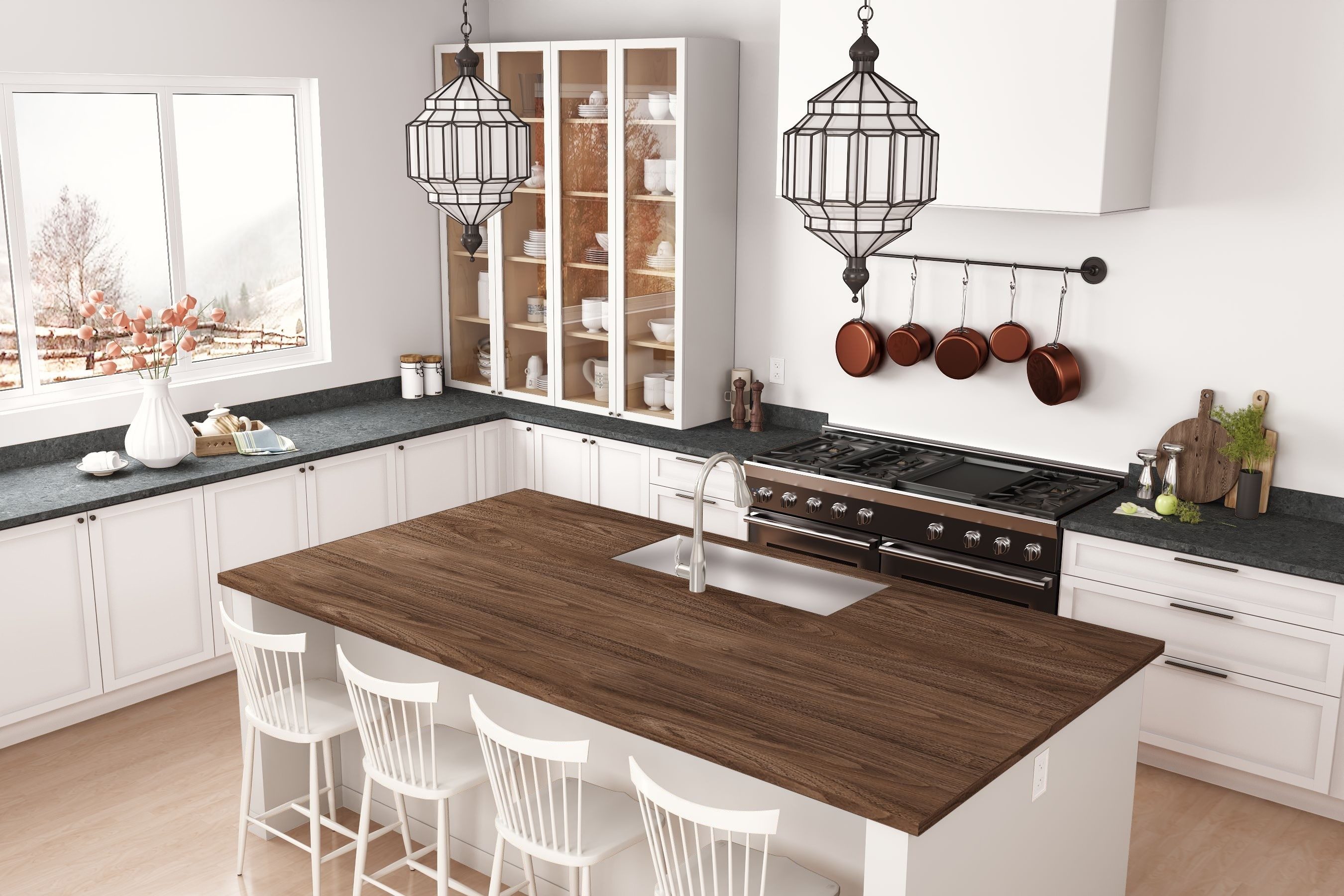A wooden kitchen island sits centrally, with a sink. White chairs align one side. A stove and hanging pots are nearby, with natural light entering through a window.