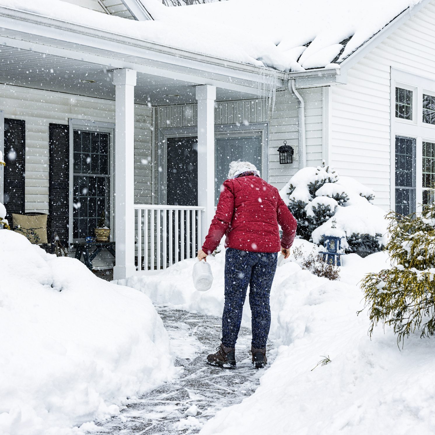Red Jacket Woman Sprinkling Ice Melt Salt During Winter Blizzard Snow Storm