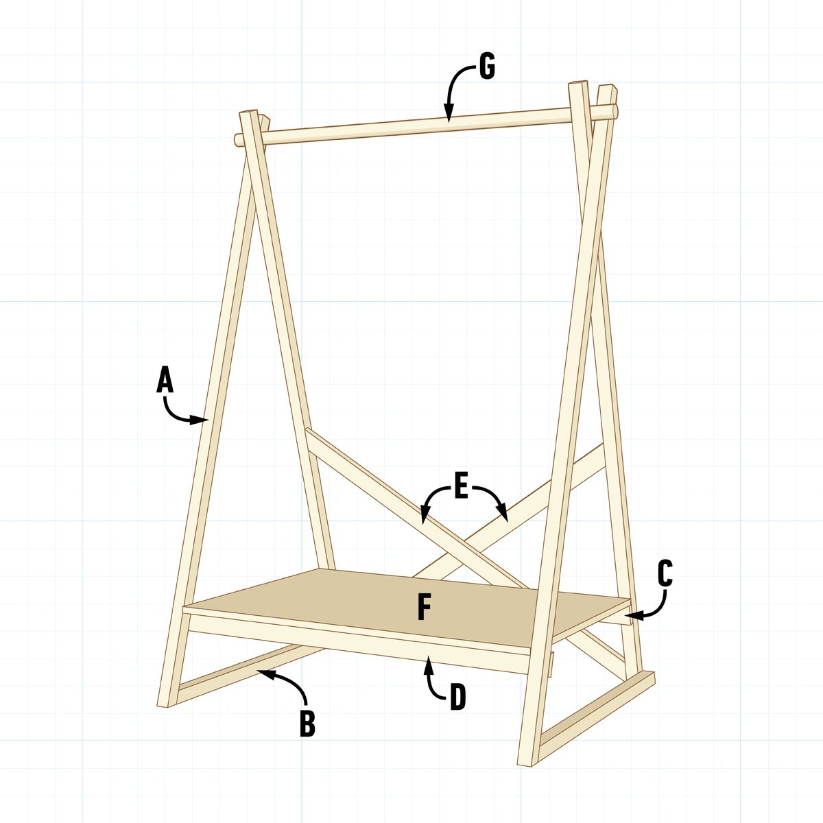 A wooden display stand features a horizontal bar supported by two angled legs, with a sturdy shelf underneath, designed for displaying items.