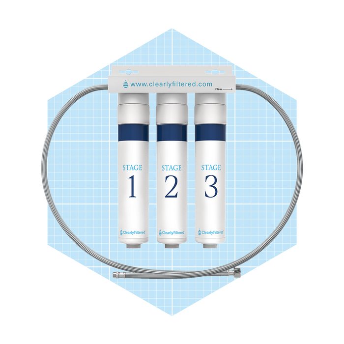 Three water filtration cartridges labeled 