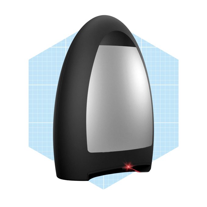 A sleek, black object emits a laser from its base, reflecting light off its shiny surface, set against a light blue geometric background.