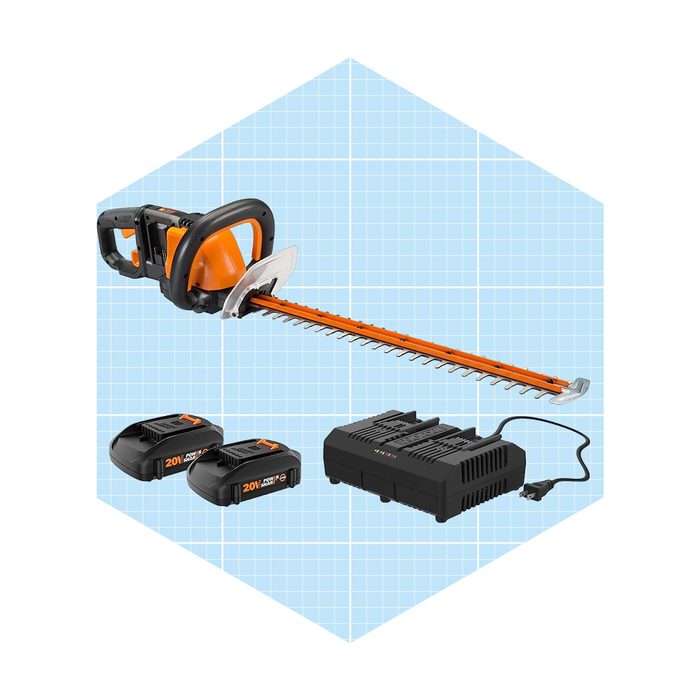 A hedge trimmer with an orange blade is positioned alongside two batteries and a charger, set against a light blue grid background.