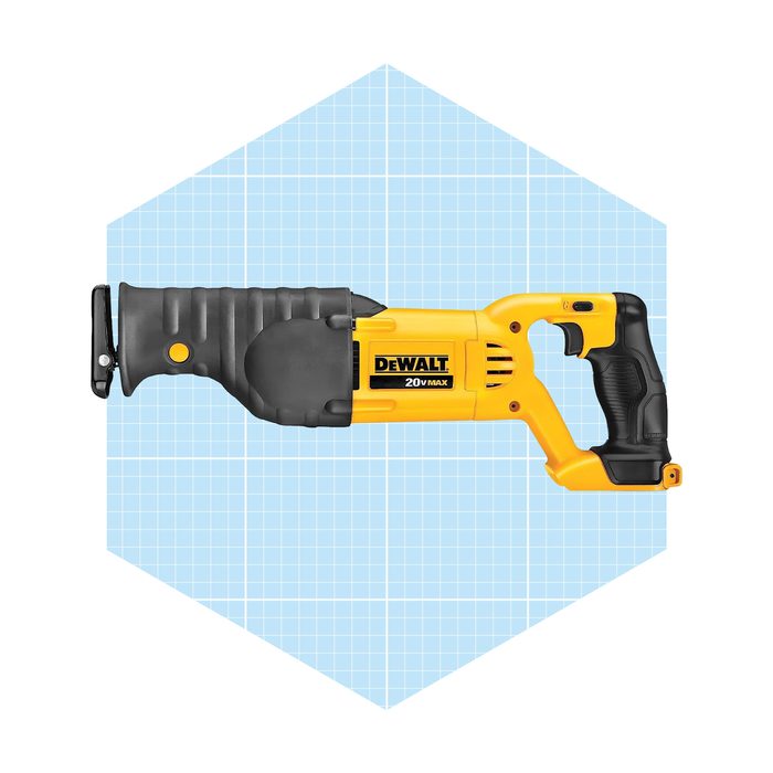 A yellow electric reciprocating saw rests horizontally against a light grid background, designed for cutting through various materials in construction or home improvement tasks.